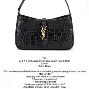 Yves Saint Laurent Genuine - Black Croc-Embossed Hobo Bag